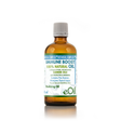 An amber glass bottle of eOil Immune Boost 100% Natural Oil carrier oil with a gray ribbed cap and a blue, green, and white label, set against a plain white background.