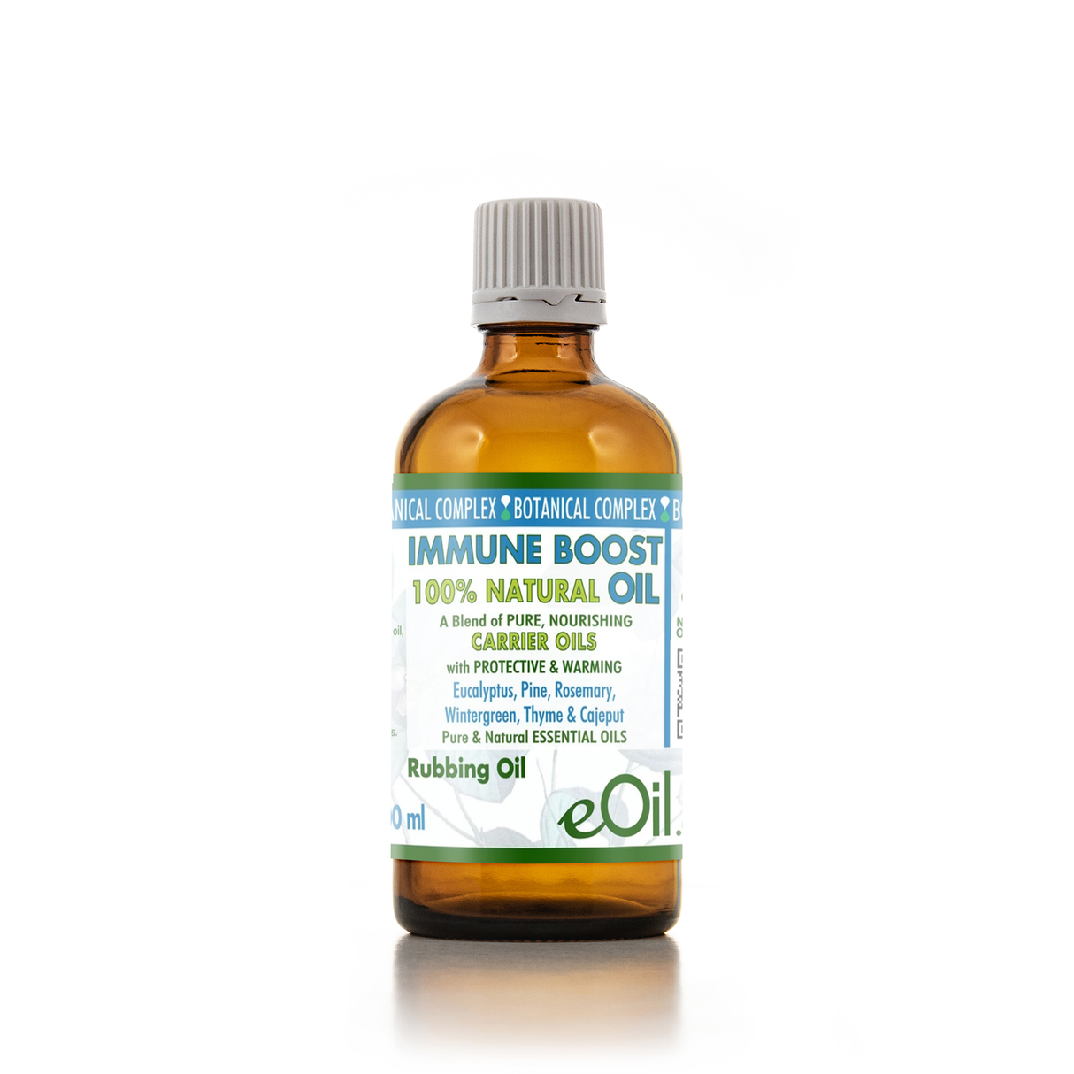 An amber glass bottle of eOil Immune Boost 100% Natural Oil carrier oil with a gray ribbed cap and a blue, green, and white label, set against a plain white background.