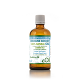 An amber glass bottle of eOil Immune Boost 100% Natural Oil carrier oil with a gray ribbed cap and a blue, green, and white label, set against a plain white background.