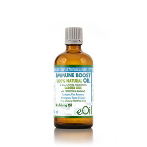An amber glass bottle of eOil Immune Boost 100% Natural Oil carrier oil with a gray ribbed cap and a blue, green, and white label, set against a plain white background.