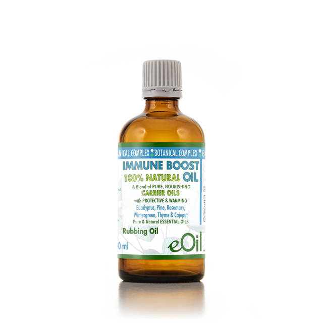 An amber glass bottle of eOil Immune Boost 100% Natural Oil carrier oil with a gray ribbed cap and a blue, green, and white label, set against a plain white background.