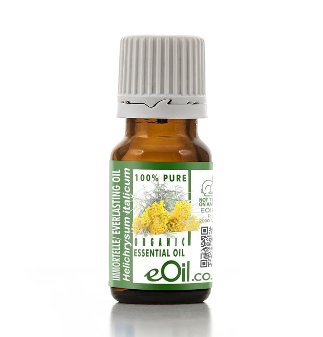 Bottle of eOil organic essential oil Helichrysum italicum with a white background