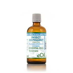 A 100ml amber glass bottle of eOil Insect Repellent essential oil blend with a white ribbed cap, set against a plain white background.