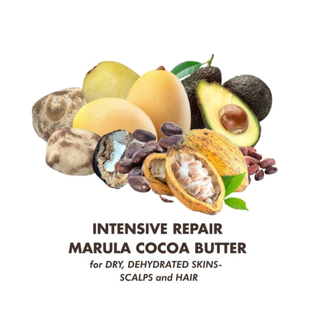 Collection of marula, cocoa, and avocado with text about intensive repair for skin and hair.