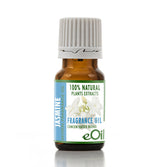 A small amber glass bottle of eOil Jasmine Fragrance Oil with a white ribbed cap, featuring a green and blue label with white jasmine flowers.