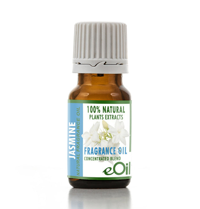 A small amber glass bottle of eOil Jasmine Fragrance Oil with a white ribbed cap, featuring a green and blue label with white jasmine flowers.