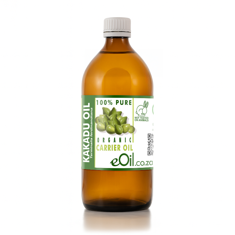 A 1-liter amber glass bottle of eOil Organic Kakadu Oil with a white ribbed cap and a green and white label, set against a plain white background.
