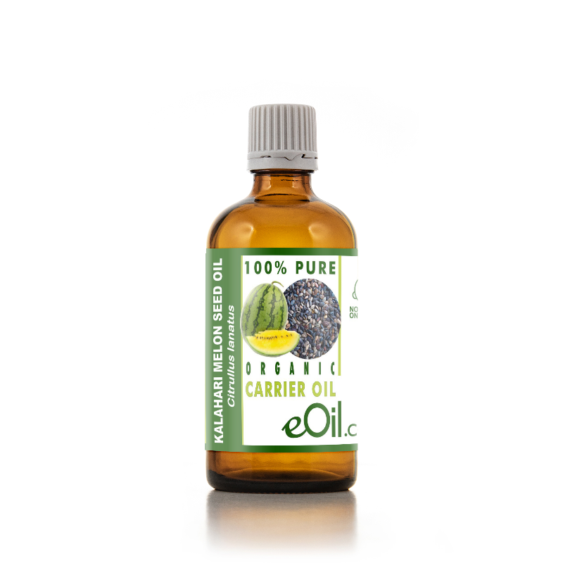 A bottle of eOil.c Kalahari Melon Seed Oil on a white background.