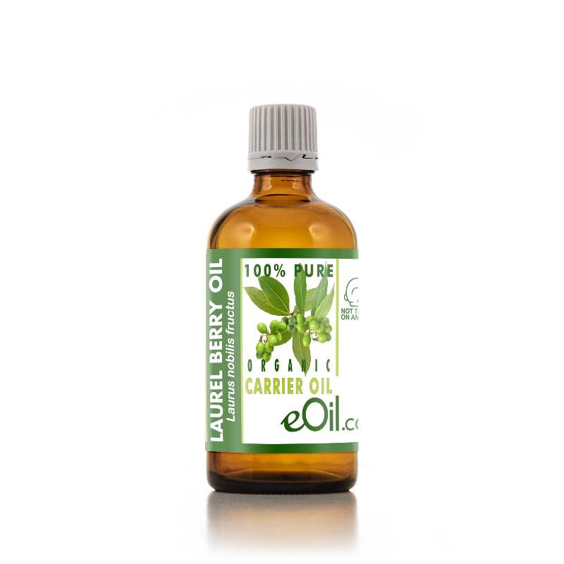 A bottle of eOil.cx Organic Carrier Oil (Laurel Berry Oil) in an amber glass bottle with a white ribbed cap and a green and white label, set against a plain white background.