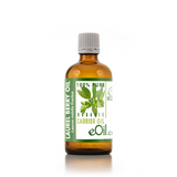 A bottle of eOil.cx Organic Carrier Oil (Laurel Berry Oil) in an amber glass bottle with a white ribbed cap and a green and white label, set against a plain white background.