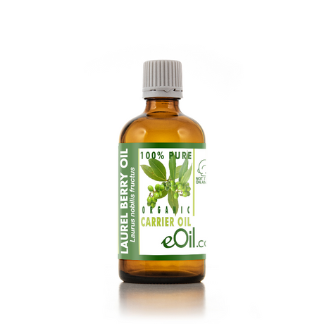 A bottle of eOil.cx Organic Carrier Oil (Laurel Berry Oil) in an amber glass bottle with a white ribbed cap and a green and white label, set against a plain white background.