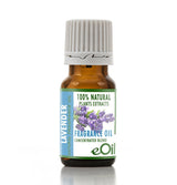 A small amber glass bottle of lavender fragrance oil with a white ribbed cap and a blue, green, and purple label, shown on a white background with a soft reflection.