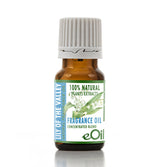 A small amber glass bottle of Lily of the Valley fragrance oil with a white ribbed cap and a green and white label, shown on a white background with a soft reflection.