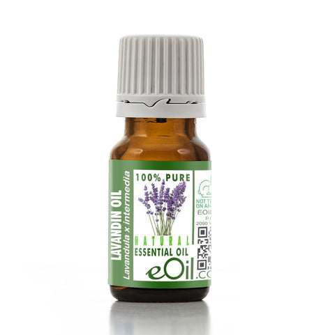 Bottle of lavender essential oil with a green label on a white background