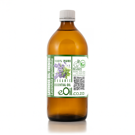 Bottle of lavender essential oil with a label on a white background 500 ml