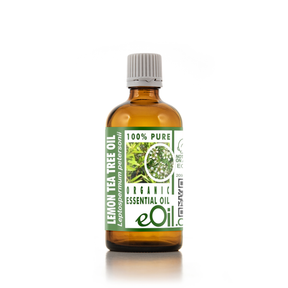 Bottle of lemon tea tree oil with a green label on a white background