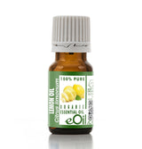 Bottle of lemon essential oil with a green label on a white background