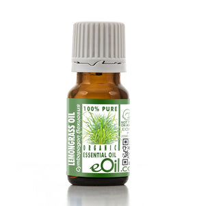 Bottle of lemon grass essential oil with a green label on a white background