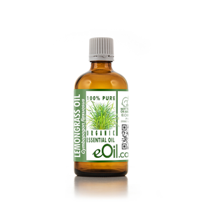 Bottle of lemongrass essential oil with a green label on a white background