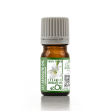 A small amber glass bottle of Lily Absolute Oil with a ribbed gray cap and a green label featuring a white lily flower and the brand name eOil.