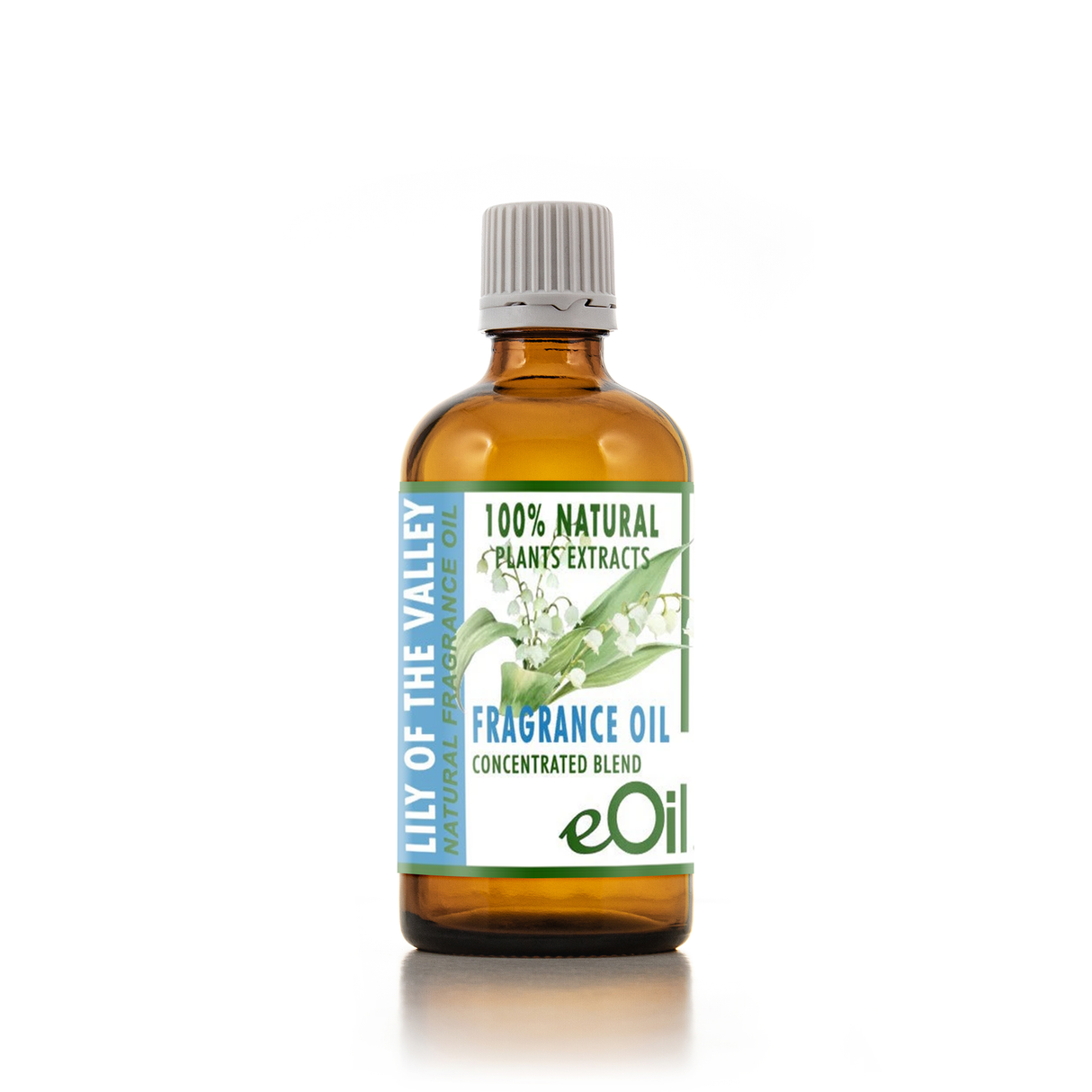 Bottle of eOil Lily of the Valley fragrance oil on a white background 100 ml