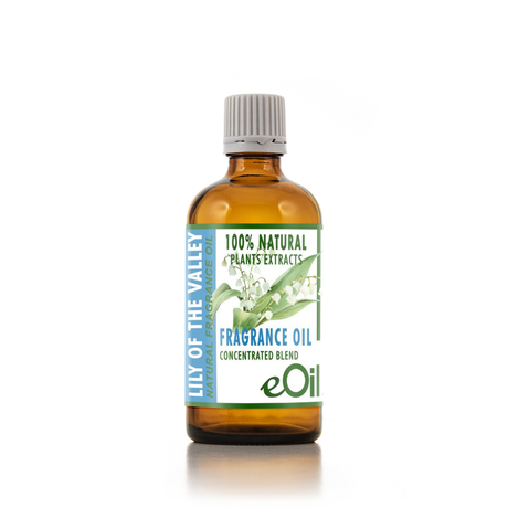 Bottle of eOil Lily of the Valley fragrance oil on a white background 100 ml