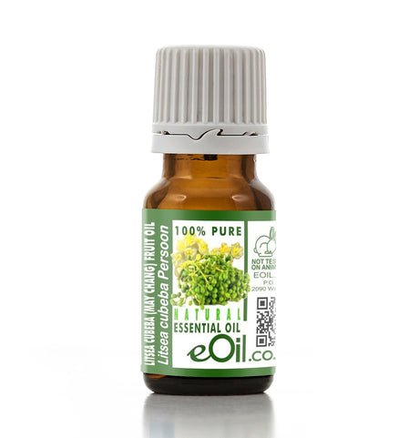 Bottle of eOil essential oil with a green label on a white background