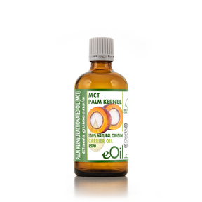 Bottle of MCT Palm Kernel oil with a white background