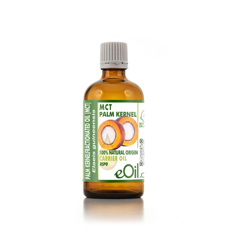 Bottle of MCT Palm Kernel oil with a white background