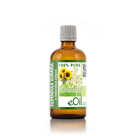 A bottle of eOil Macerated Oil of Filipendula Ulmaria (Halehinna glamus) in an amber glass bottle with a white ribbed cap and a green and white label featuring sunflower illustrations.