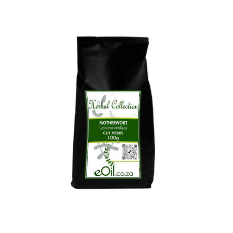 Black bag of 'Herbal Collection' Motherwort with a green label on a white background