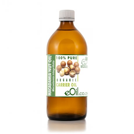 Bottle of Macadamia Nut Oil with a label on a white background
