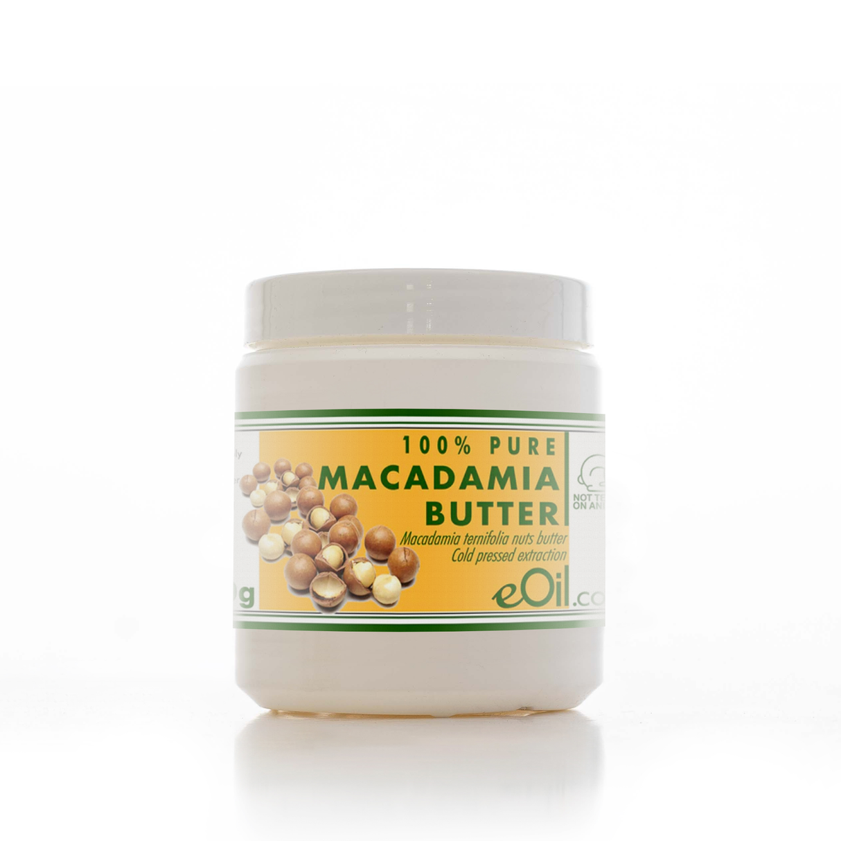 Jar of 100% pure macadamia butter with a label on a white background