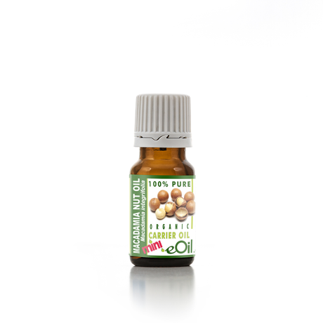 Bottle of macadamia nut oil with a white background