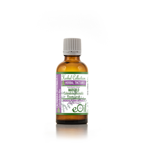 An amber glass bottle of eOil Herbal Tinctures Marigold Calendula Officinalis Florowax Extract with a white, purple, and green label and a gray ribbed cap, set against a plain white background.