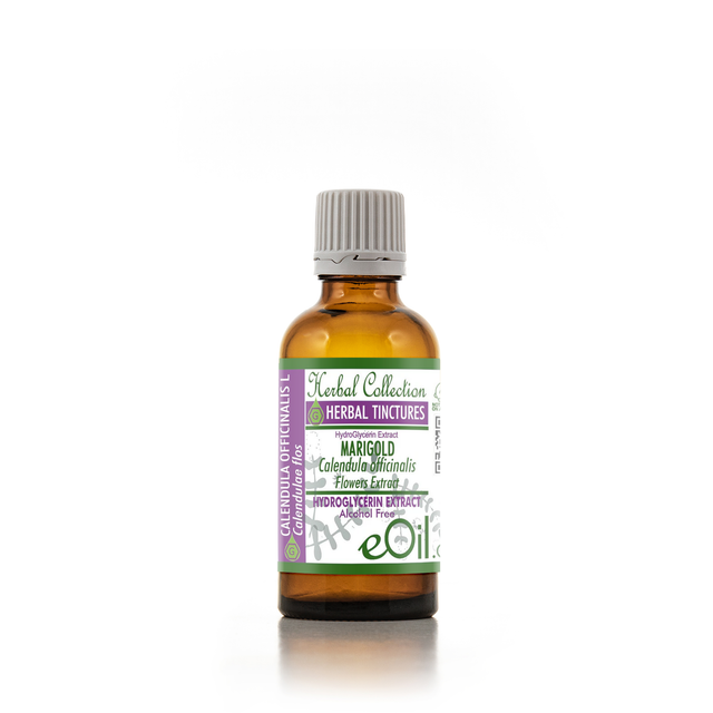 An amber glass bottle of eOil Herbal Tinctures Marigold Calendula Officinalis Florowax Extract with a white, purple, and green label and a gray ribbed cap, set against a plain white background.