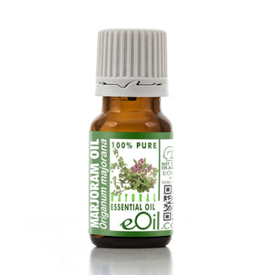 Bottle of marjoram essential oil with a green label on a white background