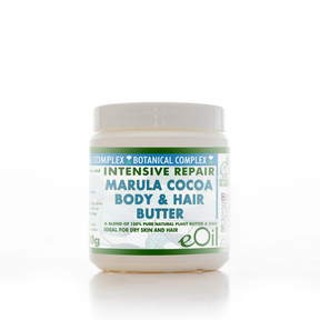 A jar of eOil Complex Botanical Complex Intensive Repair Marula Cocoa Body & Hair Butter on a white background.