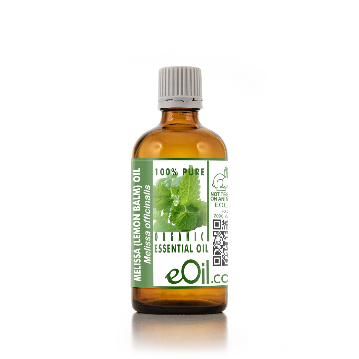An amber glass bottle of eOil Lemon Balm Essential Oil with a white and green label, set against a plain white background.