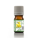 A small amber glass bottle of eOil Absolute Oil with a ribbed gray cap and a green label featuring yellow flowers, set against a plain white background.