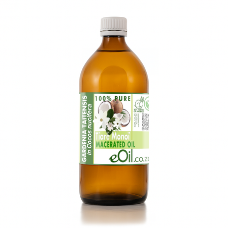 Bottle of Tiare Monoi macerated oil with a label on a white background
