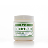 A white plastic jar of eOil Base Neutral Gel, fragrance-free, with a white and green label, centered on a white background.
