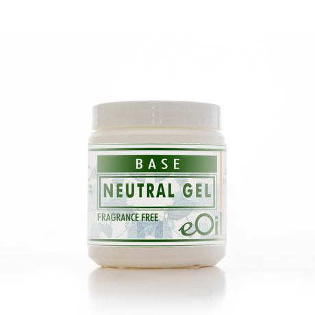 A white plastic jar of eOil Base Neutral Gel, fragrance-free, with a white and green label, centered on a white background.