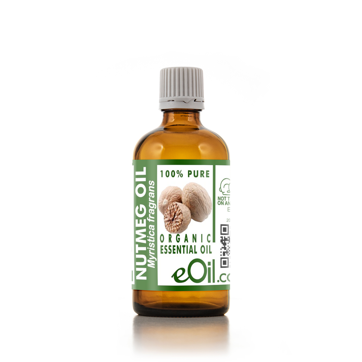 Bottle of Nutmeg oil with a green label on a white background 100 ml