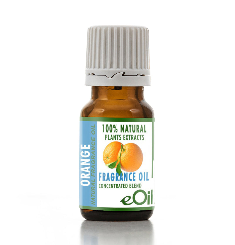 A small amber glass bottle of eOil Orange Fragrance Oil with a white ribbed cap, featuring a blue and green label with an orange graphic, on a white background.