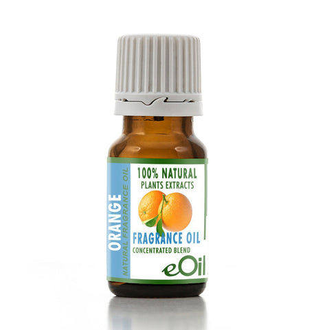 A small amber glass bottle of eOil Orange Fragrance Oil with a white ribbed cap, featuring a blue and green label with an orange graphic, on a white background.