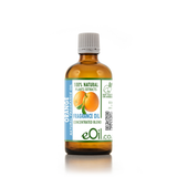 An amber glass bottle of eOil Orange Fragrance Oil with a white ribbed cap and a green and white label featuring an orange graphic, set against a plain white background.