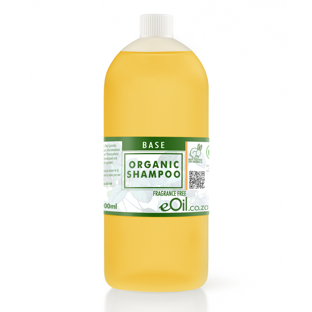 A 1L plastic bottle of eOil Organic Shampoo Base, filled with a yellowish-amber liquid, featuring a white cap and a green and white label, set against a plain white background.