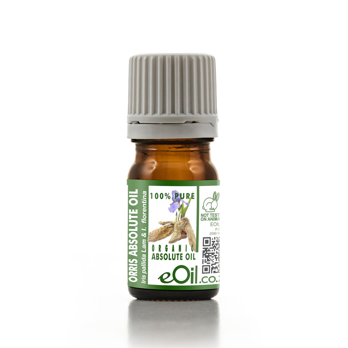 A small amber glass bottle of eOil Organic Absolute Oil with a ribbed gray cap, shown on a white background with a soft reflection.