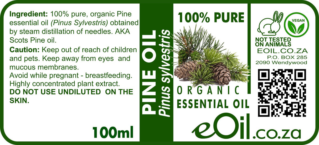 A 100ml label for eOil Organic Essential Oil of Pine (Pinus Sylvestris). The label features a green and white design with a photo of pine needles and pinecones, text detailing the 100% pure organic oil, a caution section, a 'Not Tested on Animals' bunny logo, a vegan leaf icon, and a QR code.